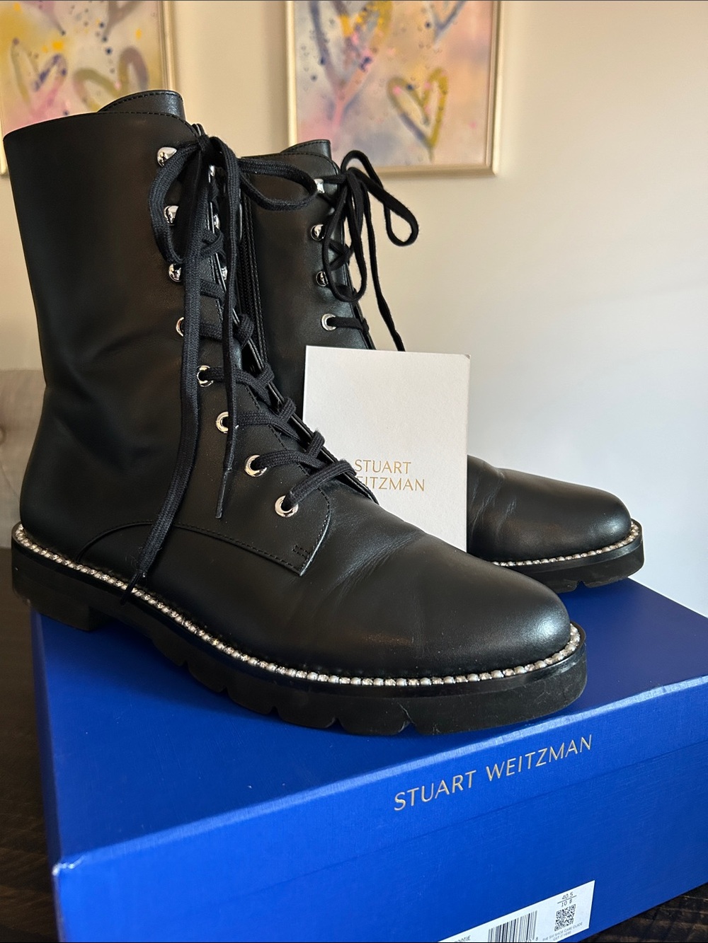 Stuart Weitzman Black Leather Lace-Up Boots with Rhinestone and Pearl Trim 10.5